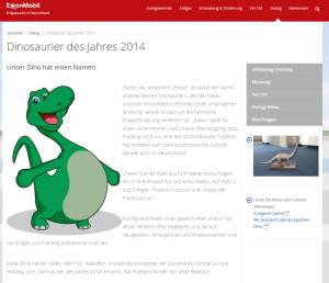 Screenshot der Seite zum Dinosaurier des Jahres von ExxonMobil.